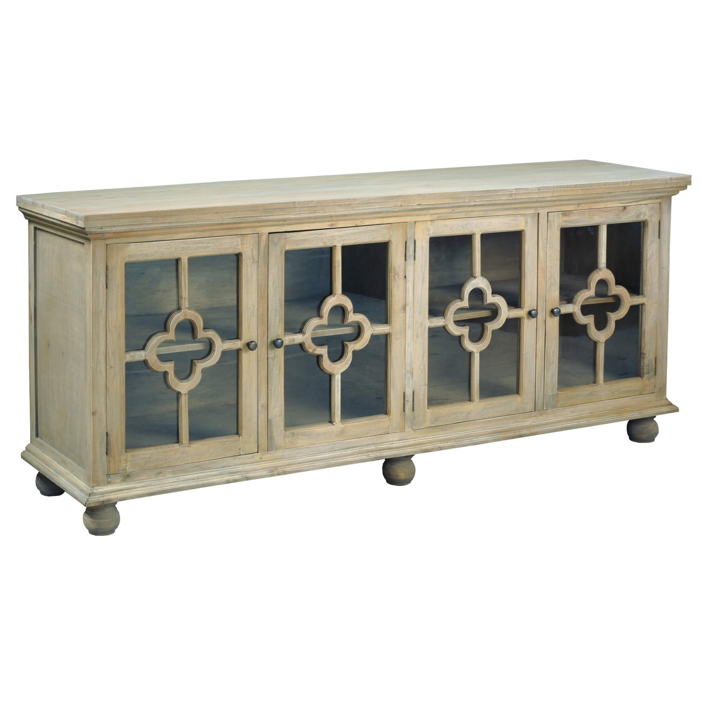 Sunset Trading Cottage 87" Clover Glass Door Credenza | Driftwood Brown Solid Wood Display Cabinet CC-CAB1781S-DW