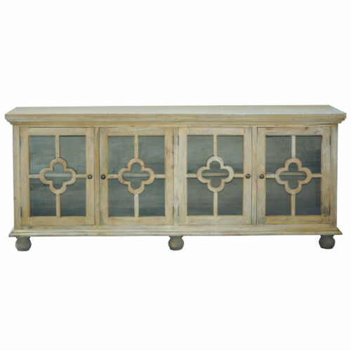 Sunset Trading Cottage 87" Clover Glass Door Credenza | Driftwood Brown Solid Wood Display Cabinet CC-CAB1781S-DW