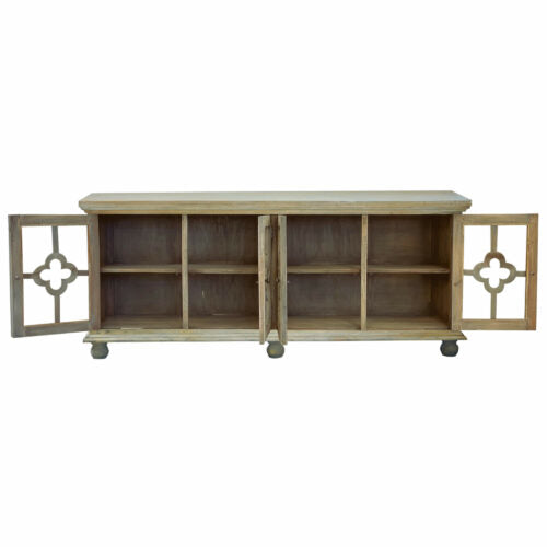 Sunset Trading Cottage 87" Clover Glass Door Credenza | Driftwood Brown Solid Wood Display Cabinet CC-CAB1781S-DW