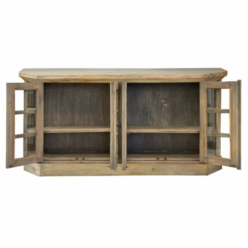 Sunset Trading Cottage 77" Window Pane Glass Door Display Credenza | Driftwood Brown Solid Wood CC-CAB924S-DW