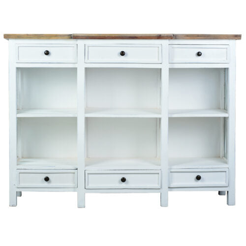 Sunset Trading Cottage 59" Lattice Display Console | 6 Shelves Drawers | Distressed White /Driftwood Brown Solid Wood CC-CAB1755TLD-WWDW
