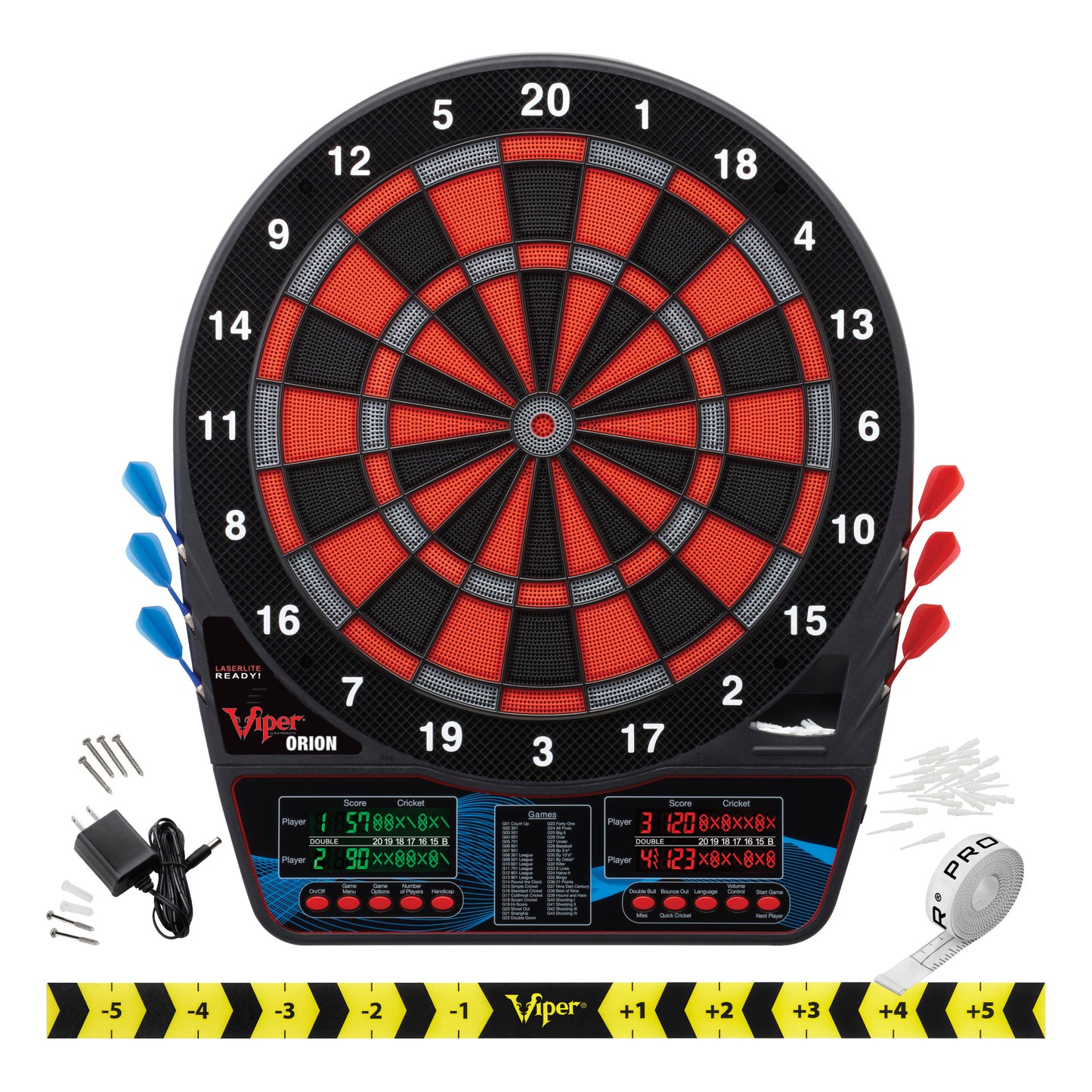 GLD Viper Orion Electronic Dartboard, Metropolitan Espresso Cabinet, Throw Line Marker & Shadow Buster Dartboard Light Bundle 40-9149