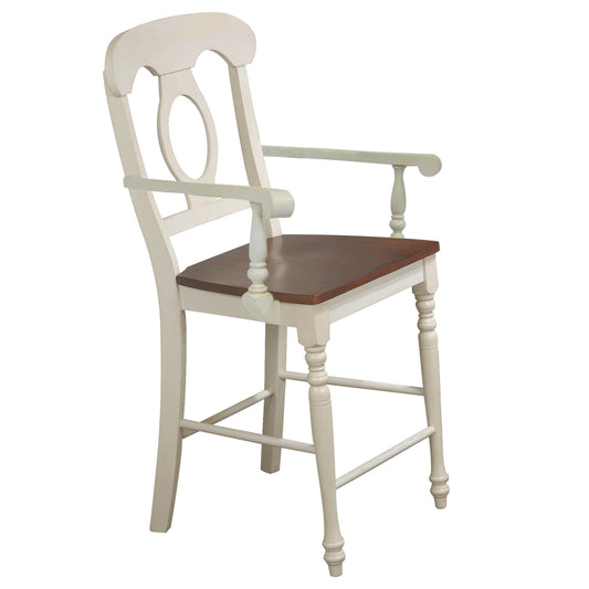 Sunset Trading Andrews Napoleon Barstool with Arms | Antique White with Chestnut Brown Seat | Set of 2 DLU-ADW-B50A-AW-2