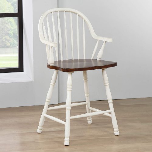 Sunset Trading Andrews 24" Windsor Barstool with Arms | Antique White and Chestnut Brown | Set of 2 DLU-ADW-B3024A-AW-2