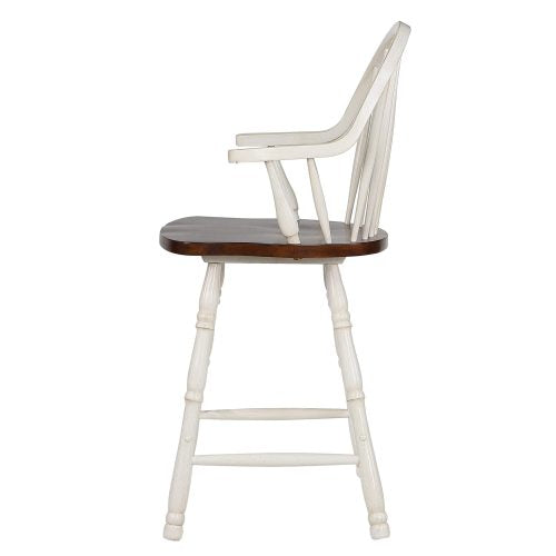 Sunset Trading Andrews 24" Windsor Barstool with Arms | Antique White and Chestnut Brown | Set of 2 DLU-ADW-B3024A-AW-2