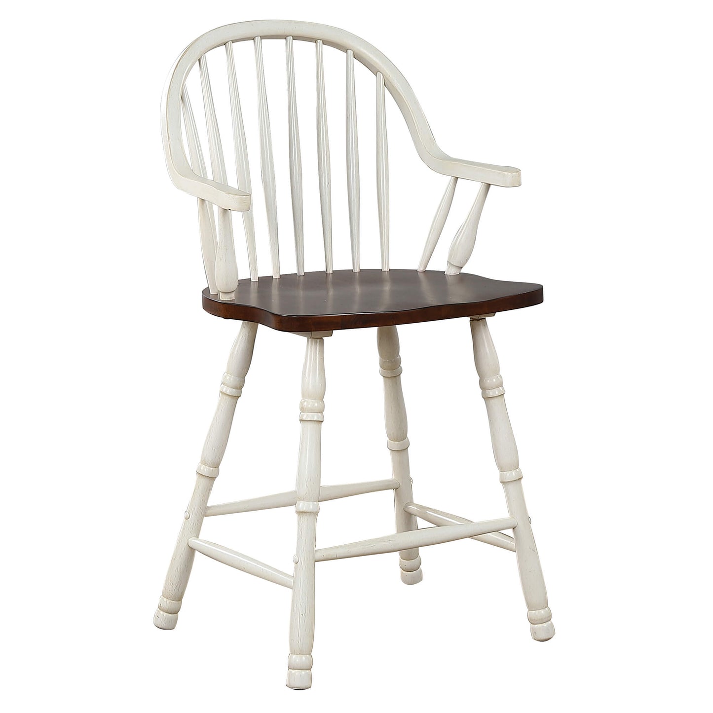 Sunset Trading Andrews 24" Windsor Barstool with Arms | Antique White and Chestnut Brown | Set of 2 DLU-ADW-B3024A-AW-2