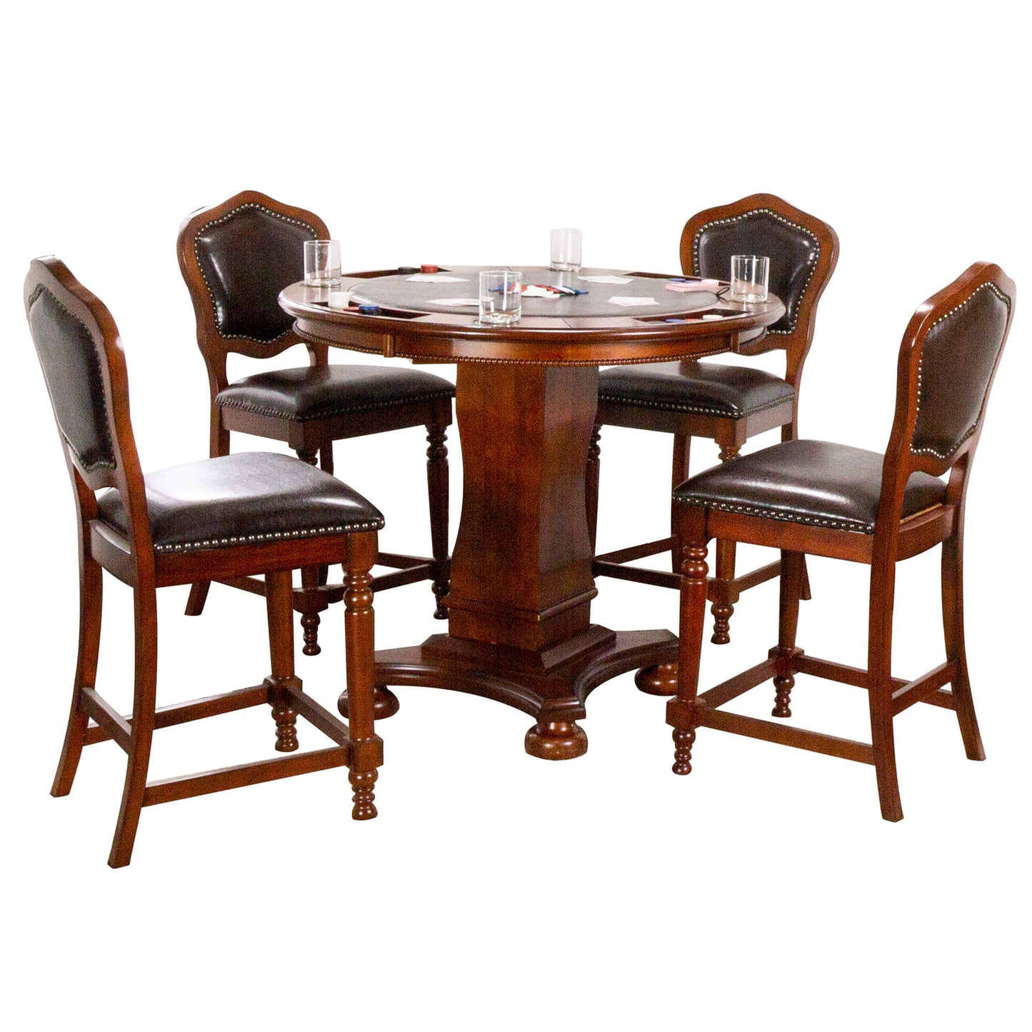 Sunset Trading Bellagio 42" Round Counter Height Dining, Chess and Poker Table Set | Reversible 3 in 1 Game Top | Distressed Cherry Brown Wood