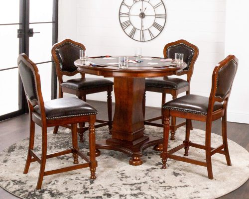 Sunset Trading Bellagio 42" Round Counter Height Dining, Chess and Poker Table Set | Reversible 3 in 1 Game Top | Distressed Cherry Brown Wood