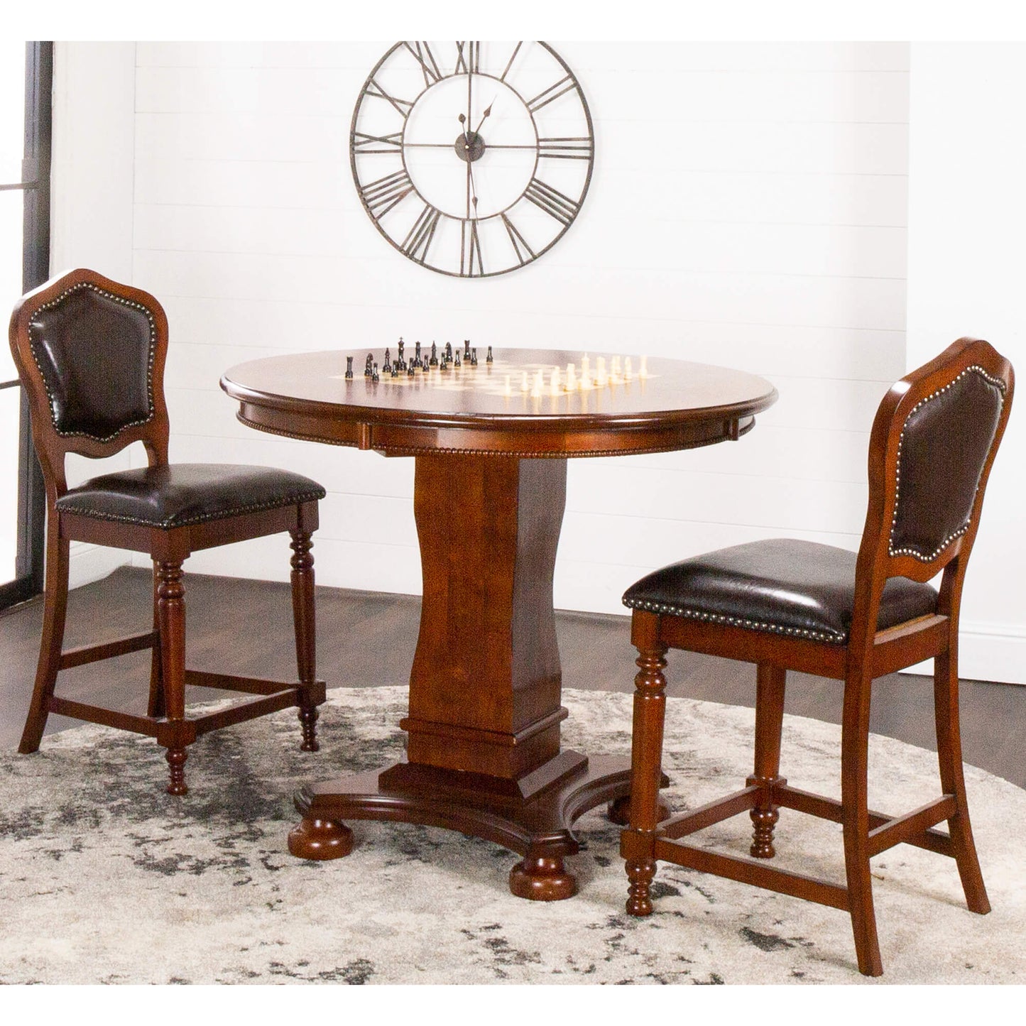 Sunset Trading Bellagio 42" Round Counter Height Dining, Chess and Poker Table Set | Reversible 3 in 1 Game Top | Distressed Cherry Brown Wood