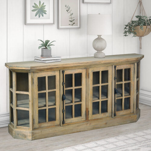 Sunset Trading Cottage 77" Window Pane Glass Door Display Credenza | Driftwood Brown Solid Wood CC-CAB924S-DW