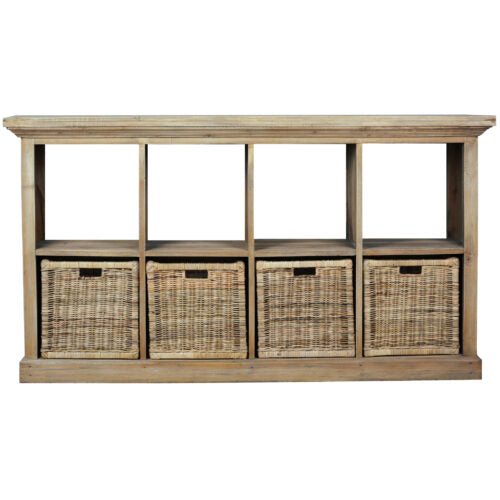 Sunset Trading Cottage 67" Provincial Storage Cabinet | 8 Shelves 4 Rattan Baskets | Driftwood Brown Solid Wood CC-CDC011S-DW