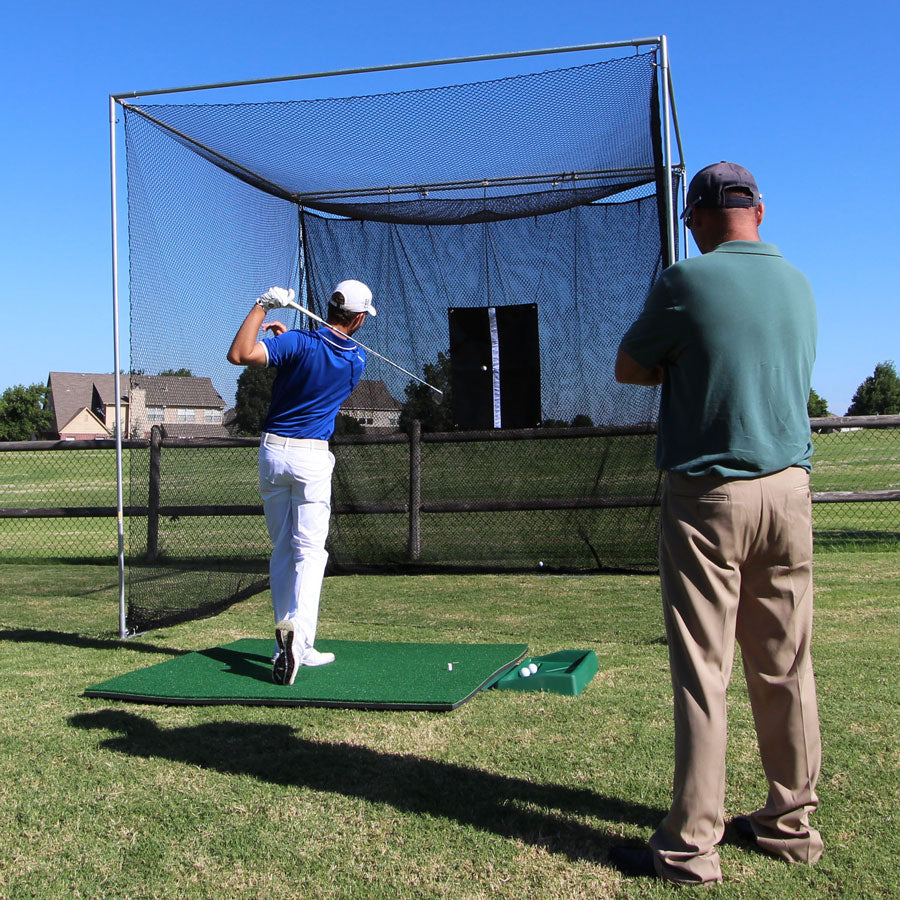 Cimarron  10x10x10 Masters Golf Net w Frame Kit, 5x5 TeeLine Golf Mat, & Ball Tray GP2