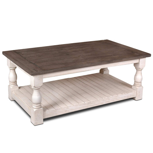 Sunset Trading Rustic French Cocktail Table | Storage Shelf | Distressed White and Brown Solid Wood HH-1750-200