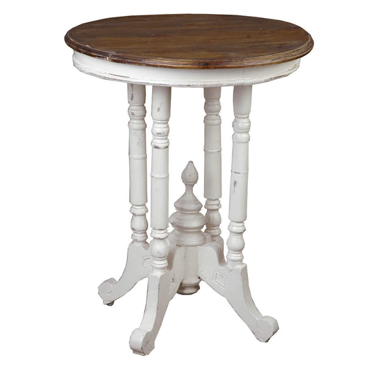 Sunset Trading Cottage Round Accent End Table | Distressed White/Raftwood Brown Solid Wood CC-TAB131TLD-AWRW