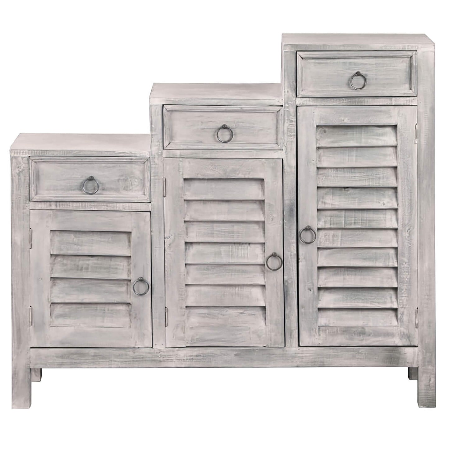 Sunset Trading Cottage Three Tiered Shutter Cabinet | Distressed Light Grey Solid Wood CC-CAB1181LD-SW