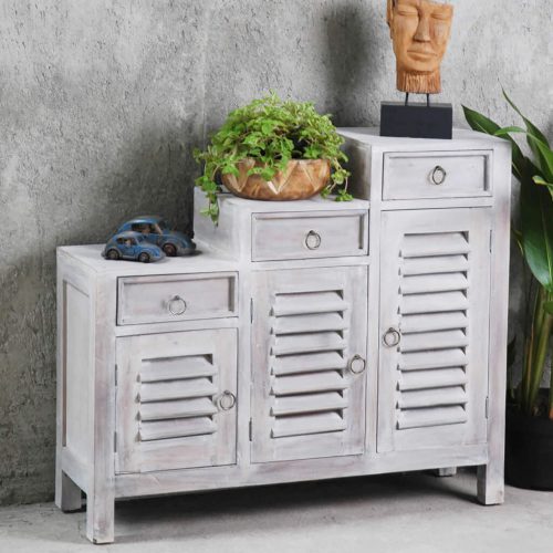 Sunset Trading Cottage Three Tiered Shutter Cabinet | Distressed Light Grey Solid Wood CC-CAB1181LD-SW