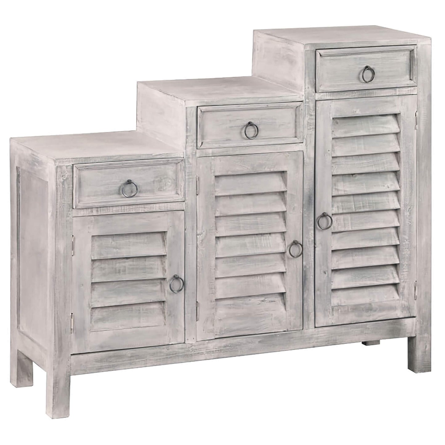 Sunset Trading Cottage Three Tiered Shutter Cabinet | Distressed Light Grey Solid Wood CC-CAB1181LD-SW