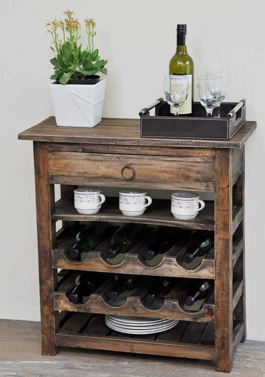 Sunset Trading Cottage Wine Server with Drawer | Raftwood Brown Solid Wood CC-RAK030S-RW