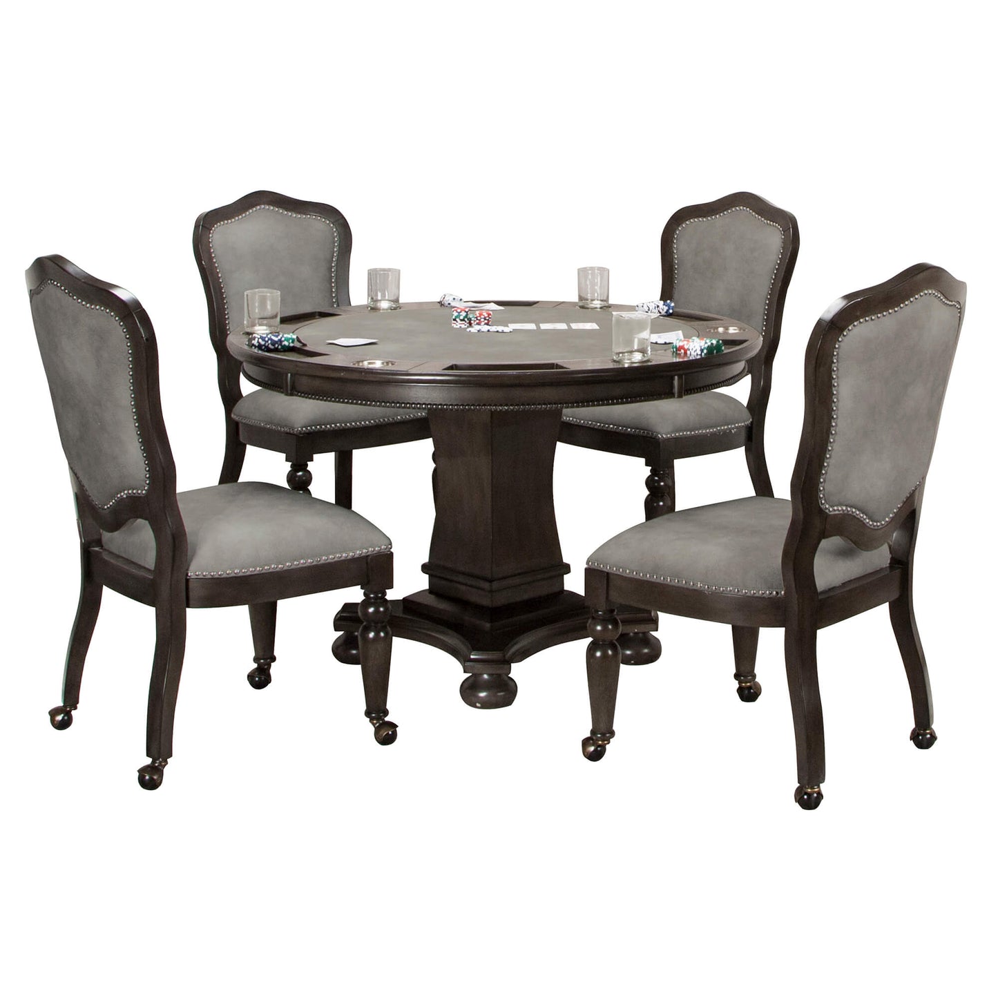 Sunset Trading 5 Piece 48" Round Vegas Dining and Poker Table Set | Reversible Game Top | Gray Wood CR-87711-5PC