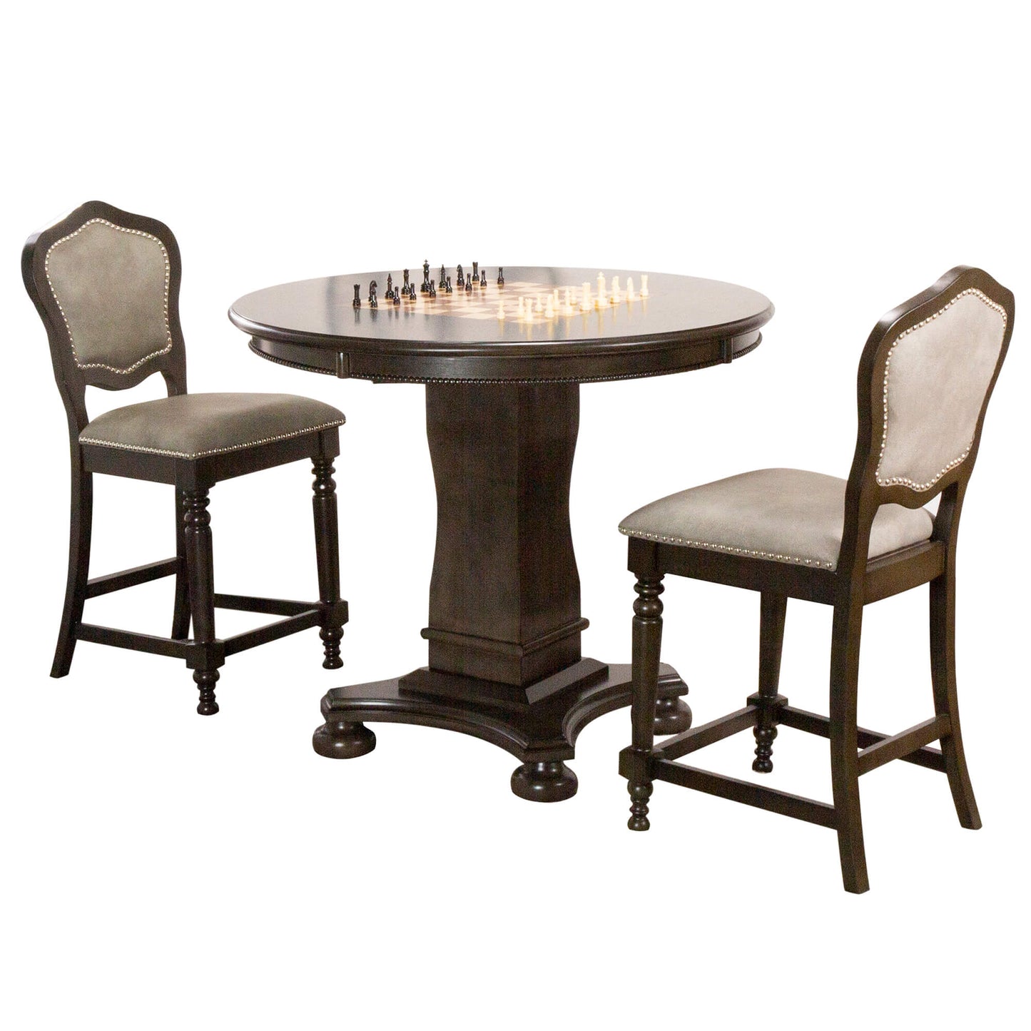 Sunset Trading Vegas 3 Piece 42.5" Round Counter Height Dining, Chess and Poker Table Set | Reversible 3 in 1 Game Top | Distressed Gray Wood