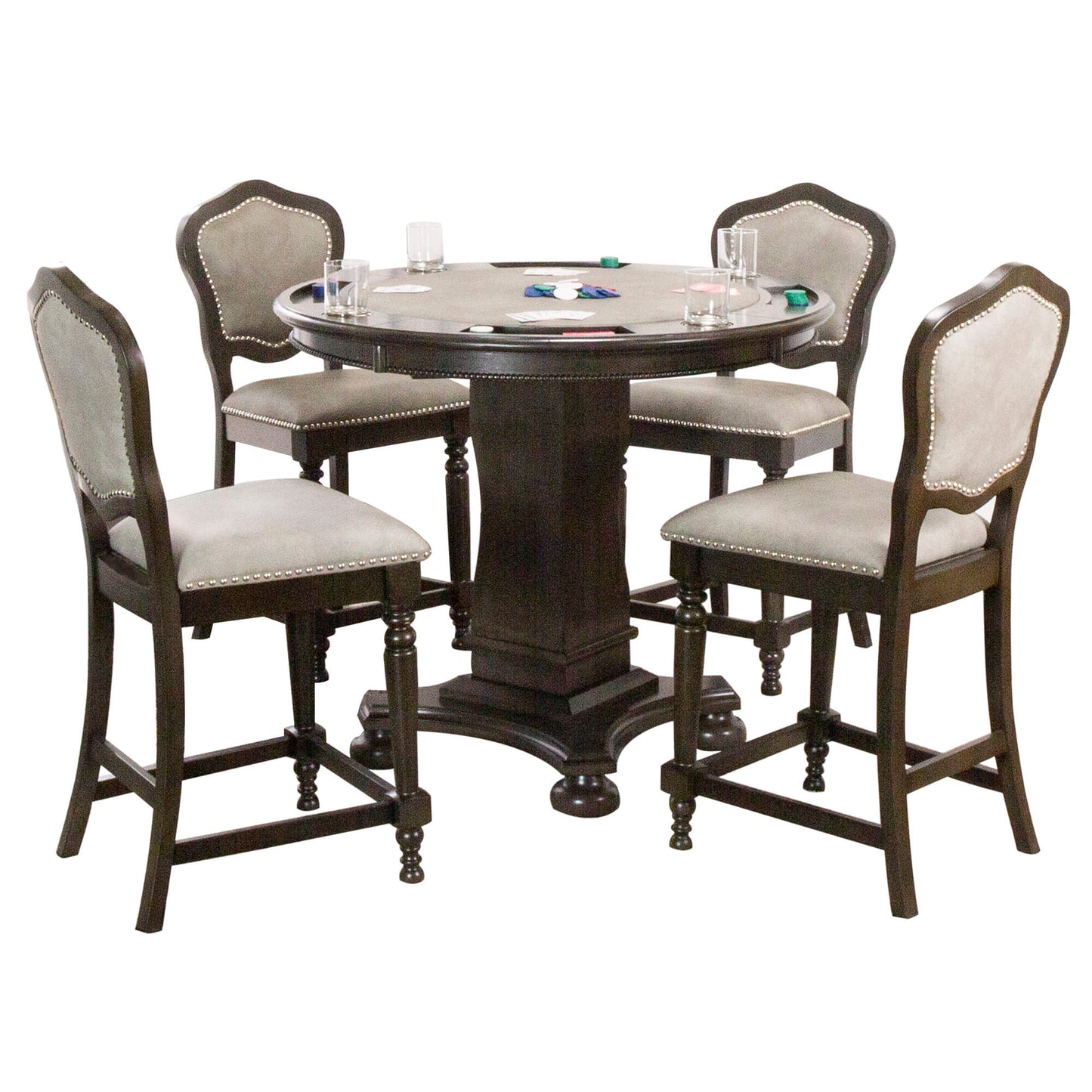 Sunset Trading Vegas 3 Piece 42.5" Round Counter Height Dining, Chess and Poker Table Set | Reversible 3 in 1 Game Top | Distressed Gray Wood