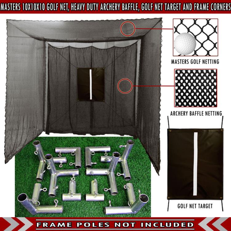 Cimarron 10x10x10 Masters Golf Net w Frame Kit, 4x6 Ultimate Golf Mat, & Ball Tray GP1