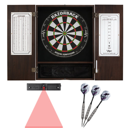 GLD Viper Espresso Metropolitan Steel Tip Cabinet, Razorback Sisal Dartboard, Underground Raven Steel Tip Darts 25 Grams, and Throw Line Light 40-1034