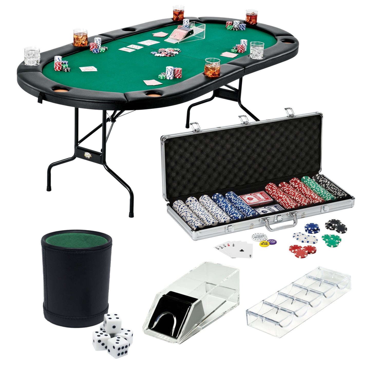 GLD Fat Cat Texas Hold'em Table, 4-Deck Card Shoe, 500 Poker Chip Set, 2 Acrylic Chip Trays & Dice Cup Set 55-0131