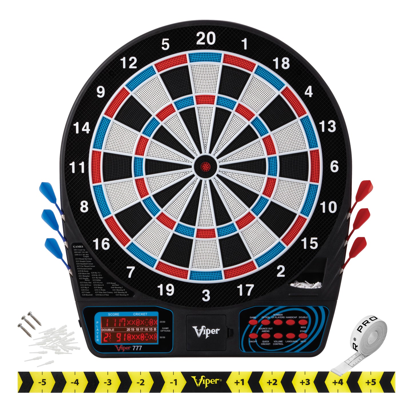 GLD Viper 777 Electronic Dartboard, Metropolitan Cinnamon Cabinet & Shadow Buster Dartboard Light Bundle 40-9058