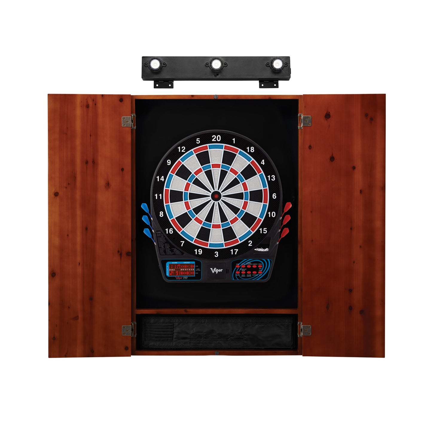 GLD Viper 777 Electronic Dartboard, Metropolitan Cinnamon Cabinet & Shadow Buster Dartboard Light Bundle 40-9058