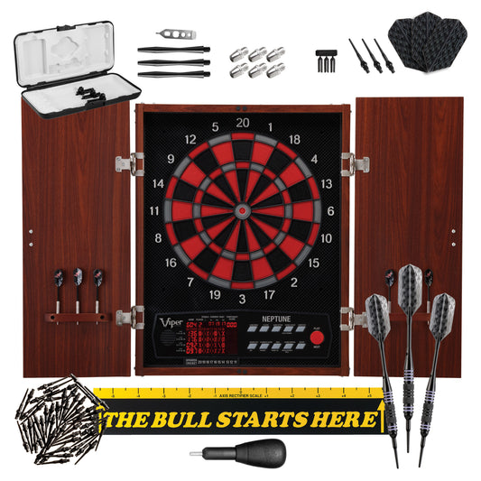 GLD Viper Neptune Electronic Dartboard, "The Bull Starts Here" Throw Line Marker, Bobcat Adjustable Weight Soft Tip Darts, Dart Tip Remover Tool & Tufflex II Black Dart Tips 42-9014