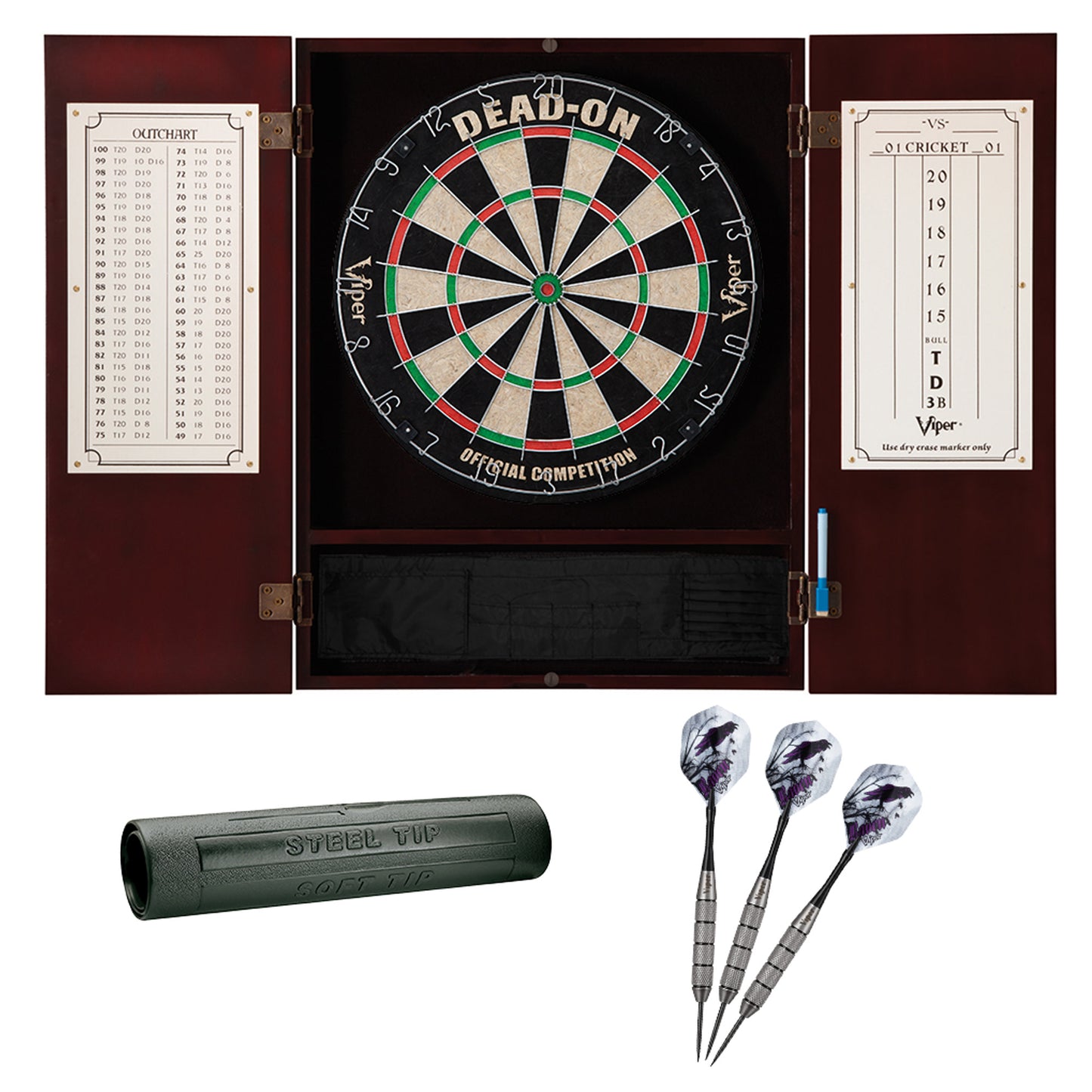 GLD Viper Metropolitan Mahogany Steel Tip Dartboard Cabinet, Viper Dead-On Bristle Dartboard, Viper Underground Raven Steel Tip Darts 25 Grams, and Viper Vinyl Dart Mat 40-1018