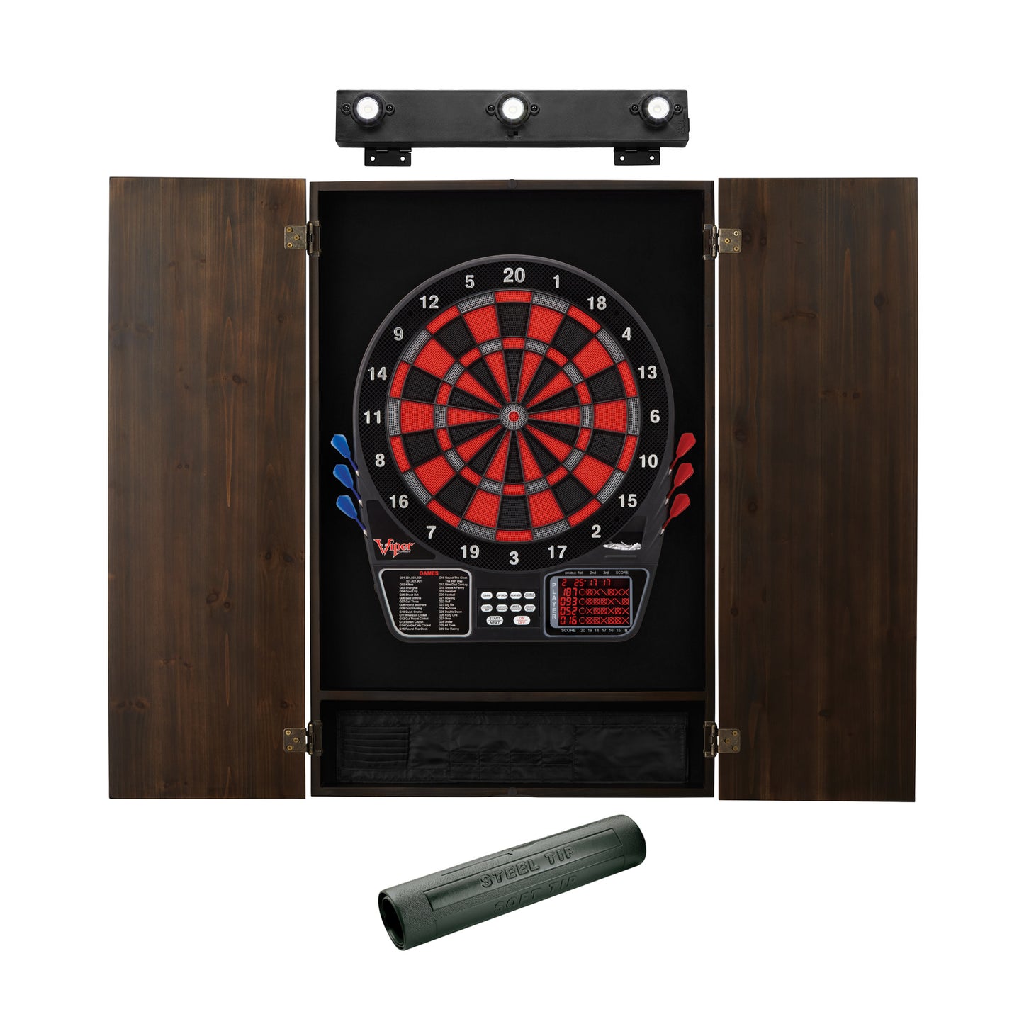 GLD Viper 797 Electronic Dartboard, Metropolitan Espresso Cabinet, Dart Mat & Shadow Buster Dartboard Light Bundle 40-9126