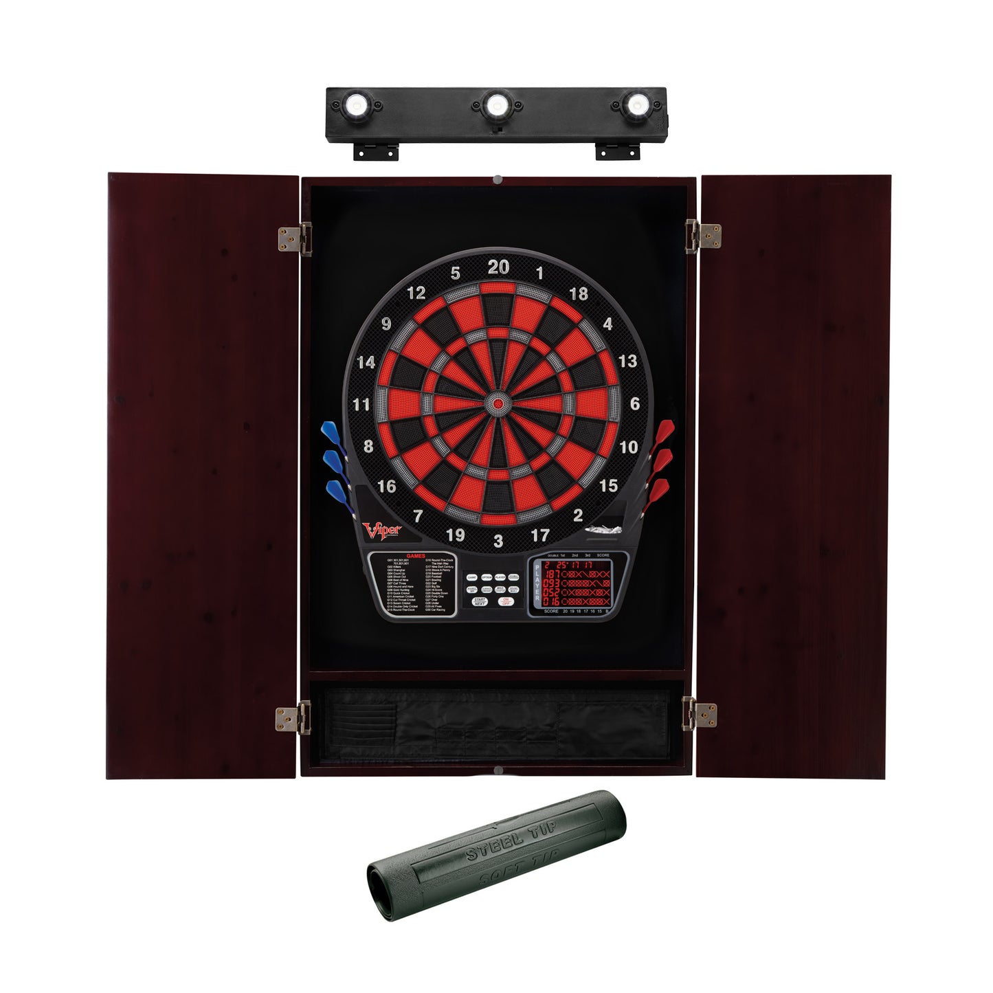 GLD Viper 797 Electronic Dartboard, Metropolitan Mahogany Cabinet, Dart Mat & Shadow Buster Dartboard Light Bundle 40-9026