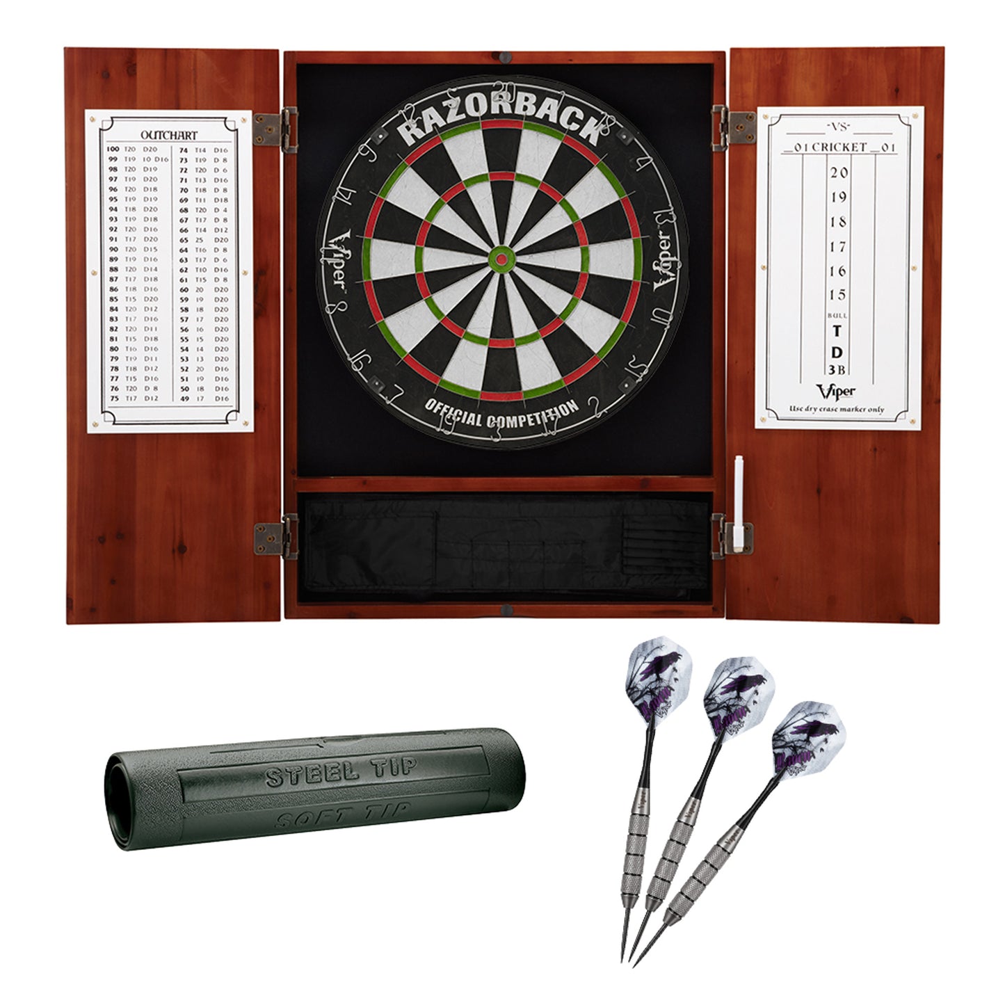 GLD Viper Metropolitan Steel Tip Dartboard Cabinet, Viper Razorback Sisal Dartboard, Viper Underground Raven Steel Tip Darts 25 Grams, and Viper Vinyl Dart Mat