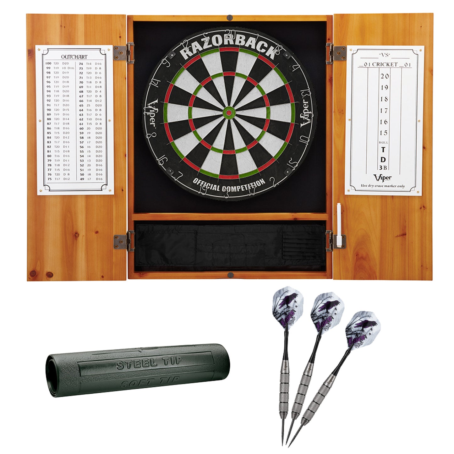 GLD Viper Metropolitan Steel Tip Dartboard Cabinet, Viper Razorback Sisal Dartboard, Viper Underground Raven Steel Tip Darts 25 Grams, and Viper Vinyl Dart Mat