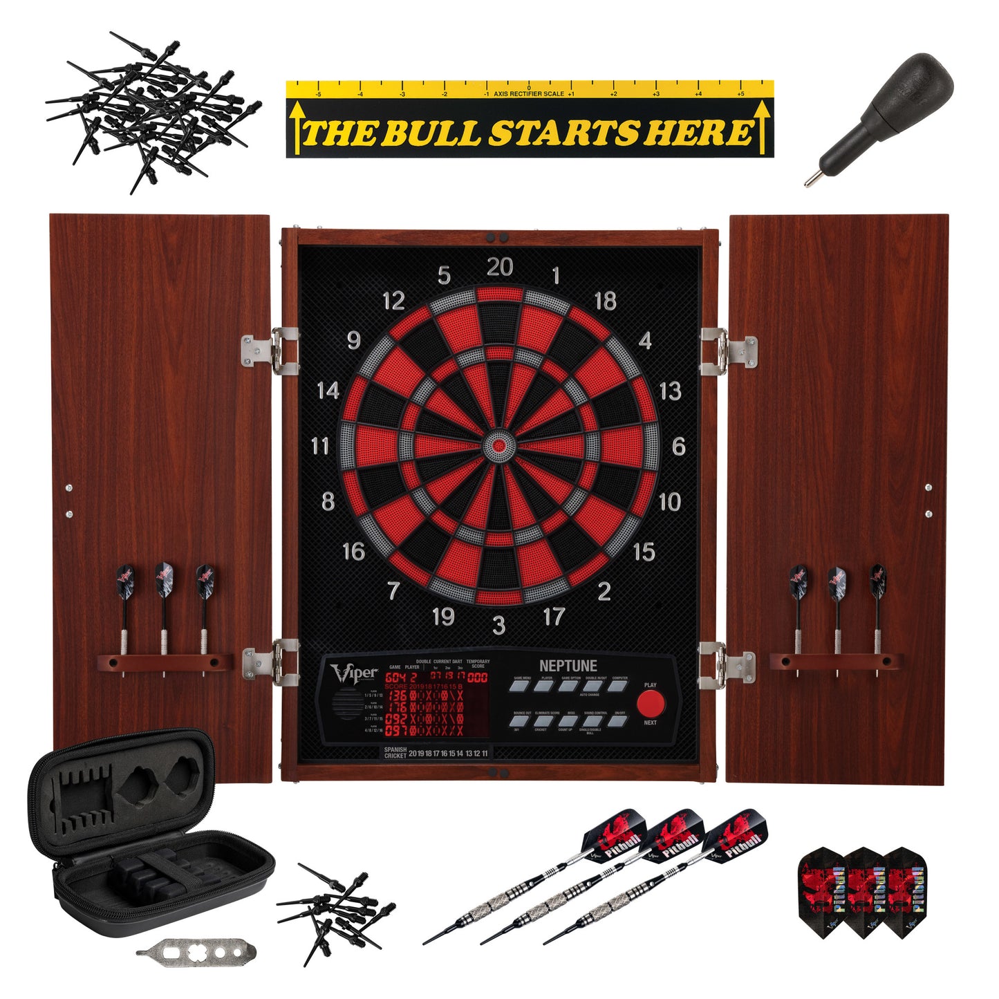 GLD Viper Neptune Electronic Dartboard, "The Bull Starts Here" Throw Line Marker, Pitbull 18g Soft Tip Darts, Dart Tip Remover Tool & Tufflex II Black Dart Tips 42-9015