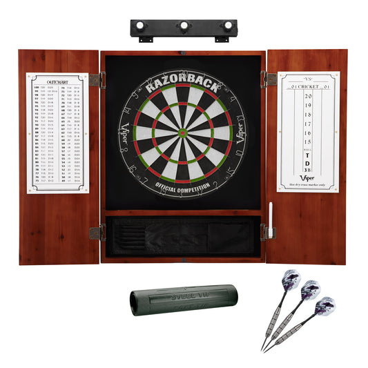 GLD Viper Razorback Sisal Dartboard, Metropolitan Cinnamon Cabinet, Shadow Buster Dartboard Lights, Padded Dart Mat & Underground Raven Steel Tip Darts 40-1159