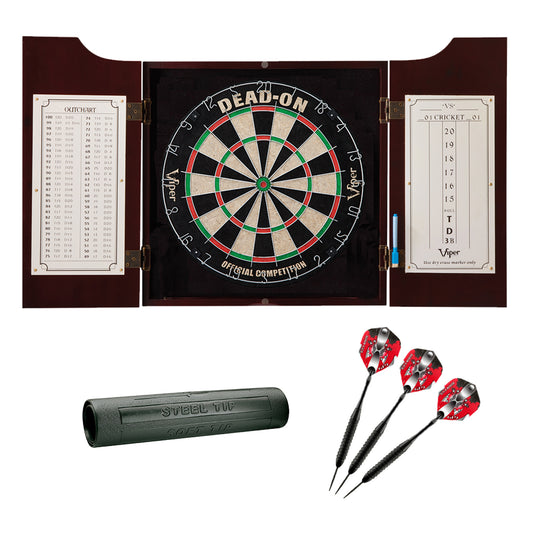 GLD Viper Hudson Dartboard Cabinet, Viper Dead-On Bristle Dartboard, Viper Black Mariah Steel Tip Darts 22 Grams, and Viper Vinyl Dart Mat 40-0220