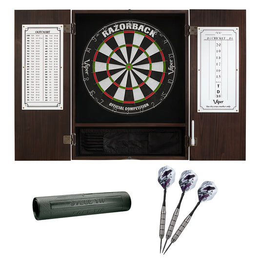 GLD Viper Espresso Metropolitan Steel Tip Cabinet, Viper Razorback Sisal Dartboard, Viper Underground Raven Steel Tip Darts 25 Grams, and Viper Vinyl Dart Mat 40-1035